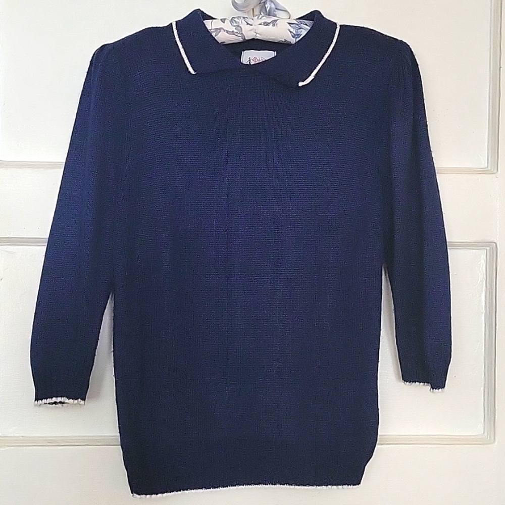 VINTAGE 40s Style Bright Lights Navy Johnny Collar 3/4 Sleeve Sweater